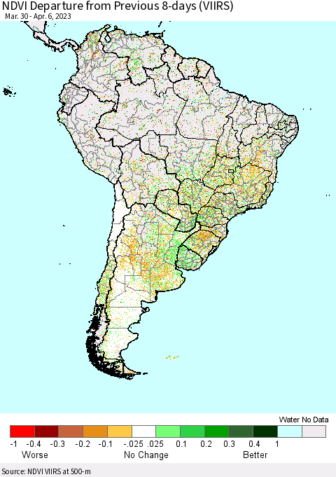 South America NDVI Departure from Previous 8-days (VIIRS) Thematic Map For 3/30/2023 - 4/6/2023