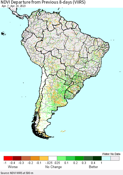 South America NDVI Departure from Previous 8-days (VIIRS) Thematic Map For 4/7/2023 - 4/14/2023