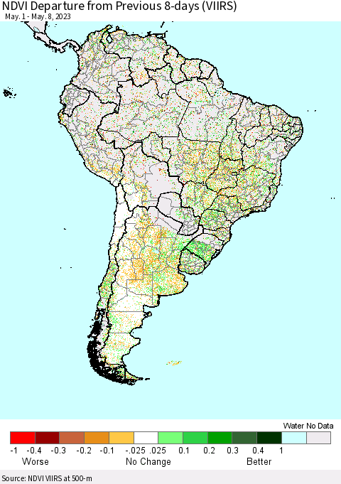 South America NDVI Departure from Previous 8-days (VIIRS) Thematic Map For 5/1/2023 - 5/8/2023