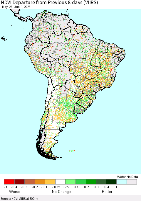 South America NDVI Departure from Previous 8-days (VIIRS) Thematic Map For 5/25/2023 - 6/1/2023