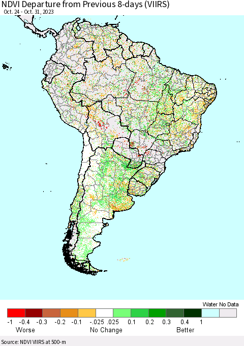 South America NDVI Departure from Previous 8-days (VIIRS) Thematic Map For 10/24/2023 - 10/31/2023