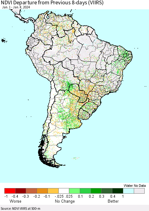 South America NDVI Departure from Previous 8-days (VIIRS) Thematic Map For 1/1/2024 - 1/8/2024