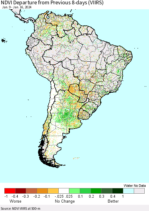 South America NDVI Departure from Previous 8-days (VIIRS) Thematic Map For 1/9/2024 - 1/16/2024
