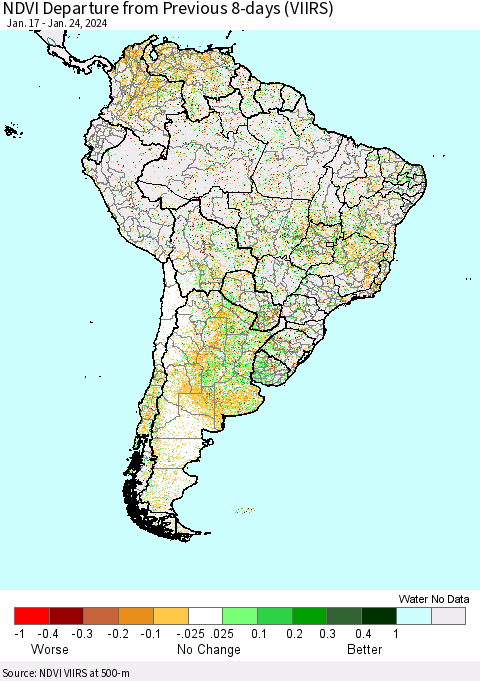 South America NDVI Departure from Previous 8-days (VIIRS) Thematic Map For 1/17/2024 - 1/24/2024