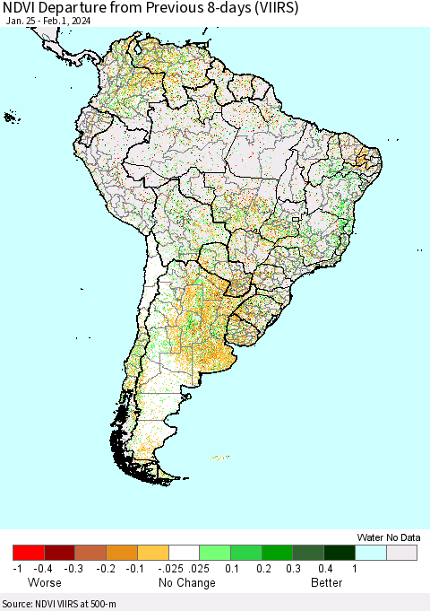 South America NDVI Departure from Previous 8-days (VIIRS) Thematic Map For 1/25/2024 - 2/1/2024