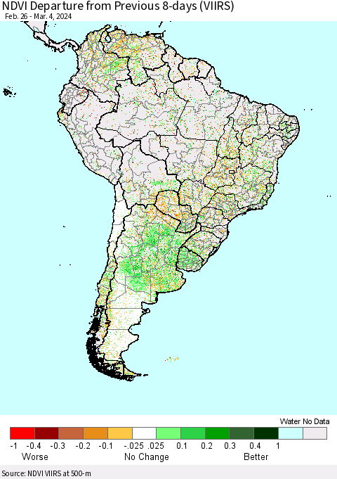 South America NDVI Departure from Previous 8-days (VIIRS) Thematic Map For 2/26/2024 - 3/4/2024