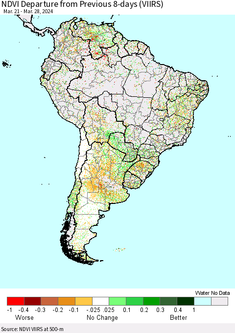 South America NDVI Departure from Previous 8-days (VIIRS) Thematic Map For 3/21/2024 - 3/28/2024