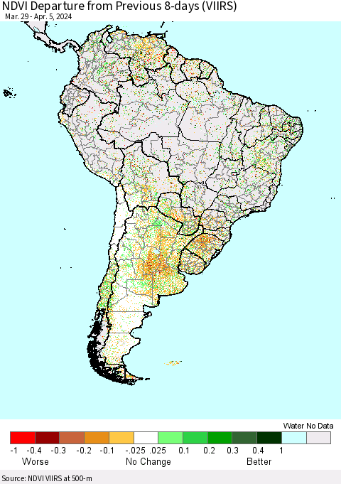 South America NDVI Departure from Previous 8-days (VIIRS) Thematic Map For 3/29/2024 - 4/5/2024