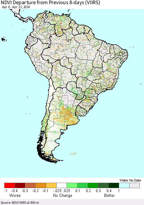 South America NDVI Departure from Previous 8-days (VIIRS) Thematic Map For 4/6/2024 - 4/13/2024