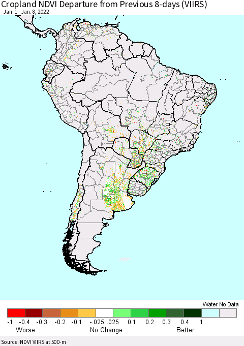 South America Cropland NDVI Departure from Previous 8-days (VIIRS) Thematic Map For 1/1/2022 - 1/8/2022