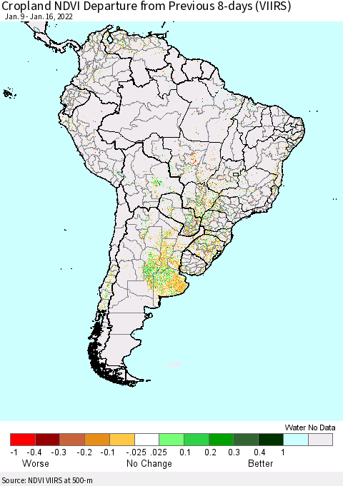 South America Cropland NDVI Departure from Previous 8-days (VIIRS) Thematic Map For 1/9/2022 - 1/16/2022