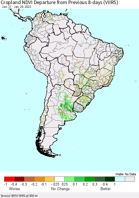 South America Cropland NDVI Departure from Previous 8-days (VIIRS) Thematic Map For 1/17/2022 - 1/24/2022
