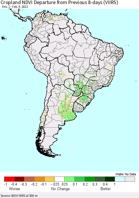 South America Cropland NDVI Departure from Previous 8-days (VIIRS) Thematic Map For 2/2/2022 - 2/9/2022
