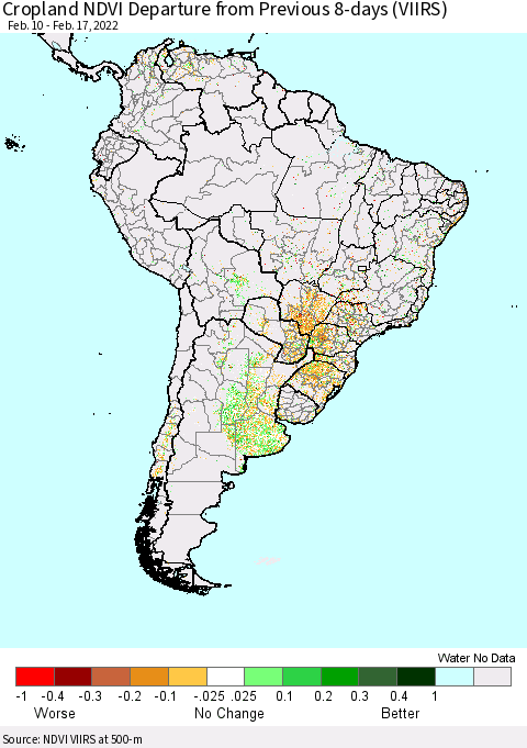 South America Cropland NDVI Departure from Previous 8-days (VIIRS) Thematic Map For 2/10/2022 - 2/17/2022