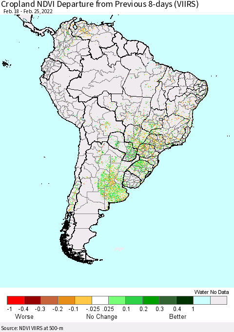 South America Cropland NDVI Departure from Previous 8-days (VIIRS) Thematic Map For 2/18/2022 - 2/25/2022