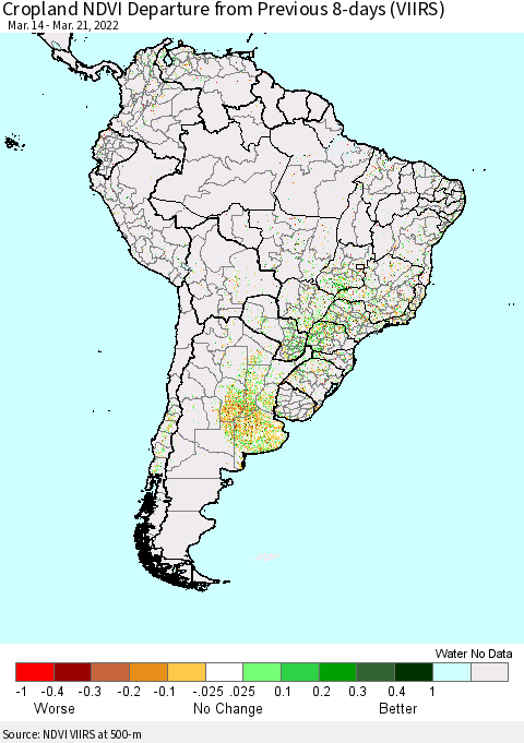 South America Cropland NDVI Departure from Previous 8-days (VIIRS) Thematic Map For 3/14/2022 - 3/21/2022