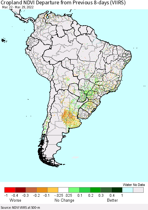 South America Cropland NDVI Departure from Previous 8-days (VIIRS) Thematic Map For 3/22/2022 - 3/29/2022