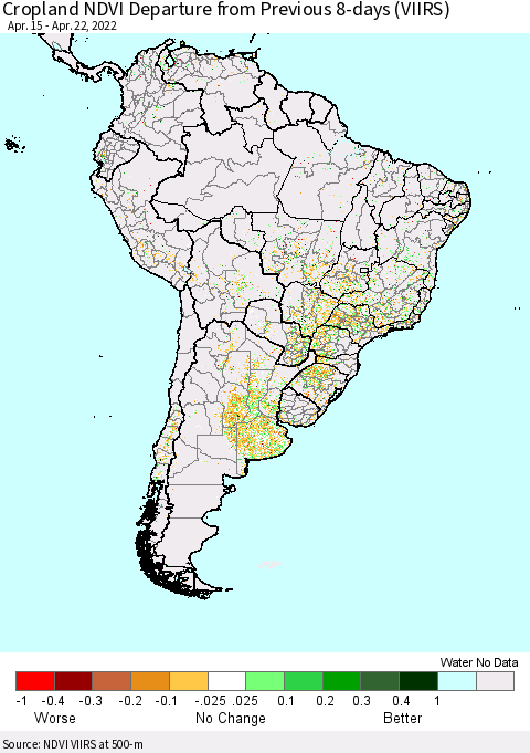 South America Cropland NDVI Departure from Previous 8-days (VIIRS) Thematic Map For 4/15/2022 - 4/22/2022