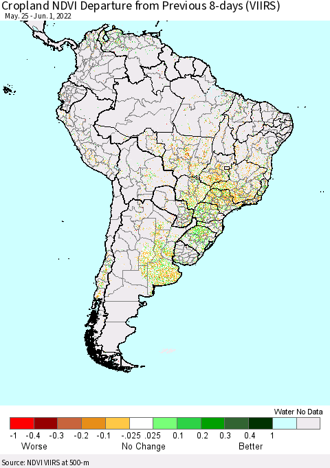 South America Cropland NDVI Departure from Previous 8-days (VIIRS) Thematic Map For 5/25/2022 - 6/1/2022