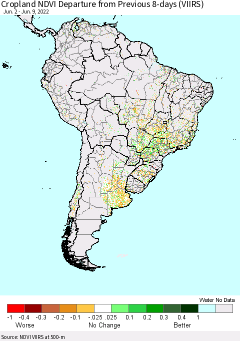 South America Cropland NDVI Departure from Previous 8-days (VIIRS) Thematic Map For 6/2/2022 - 6/9/2022