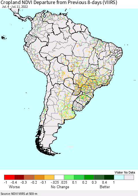 South America Cropland NDVI Departure from Previous 8-days (VIIRS) Thematic Map For 7/4/2022 - 7/11/2022