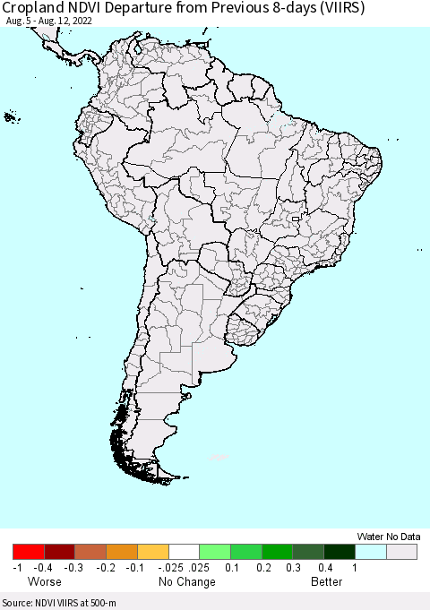 South America Cropland NDVI Departure from Previous 8-days (VIIRS) Thematic Map For 8/5/2022 - 8/12/2022