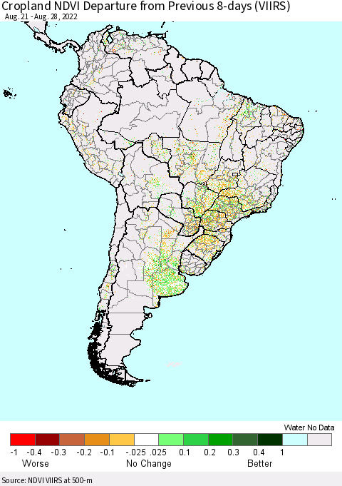 South America Cropland NDVI Departure from Previous 8-days (VIIRS) Thematic Map For 8/21/2022 - 8/28/2022