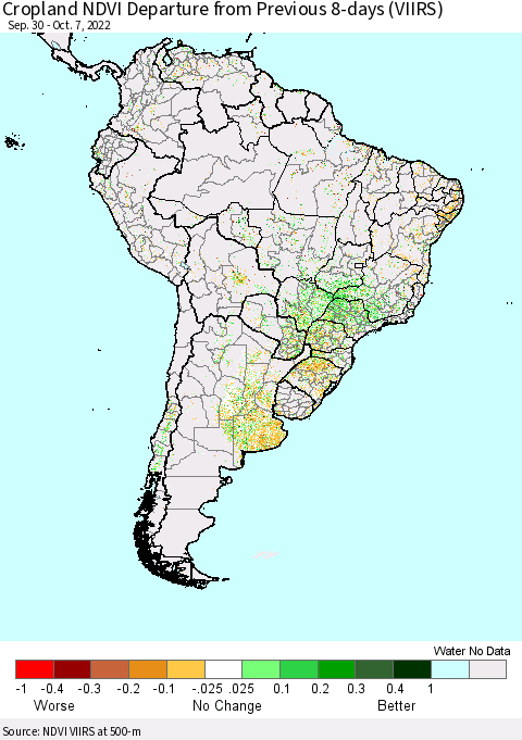 South America Cropland NDVI Departure from Previous 8-days (VIIRS) Thematic Map For 9/30/2022 - 10/7/2022