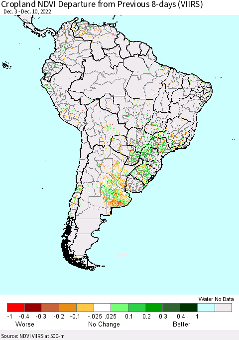 South America Cropland NDVI Departure from Previous 8-days (VIIRS) Thematic Map For 12/3/2022 - 12/10/2022