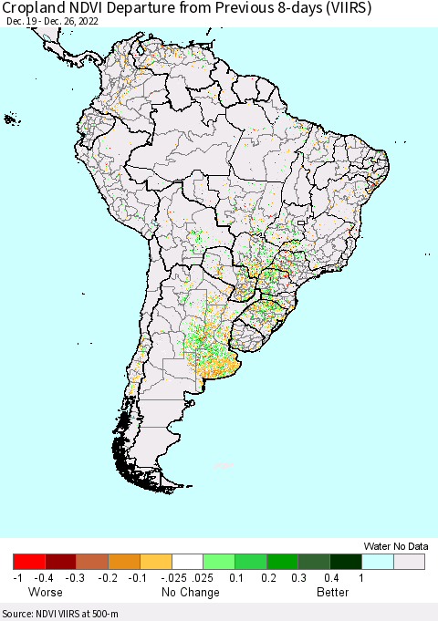 South America Cropland NDVI Departure from Previous 8-days (VIIRS) Thematic Map For 12/19/2022 - 12/26/2022