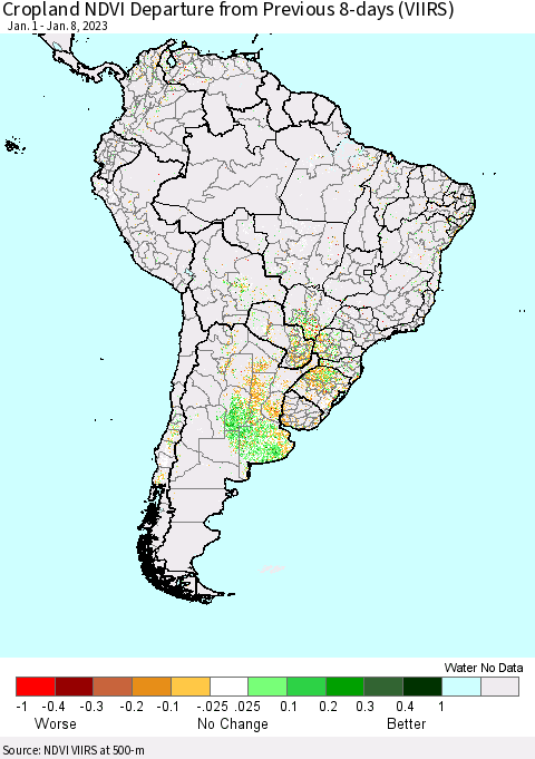 South America Cropland NDVI Departure from Previous 8-days (VIIRS) Thematic Map For 1/1/2023 - 1/8/2023