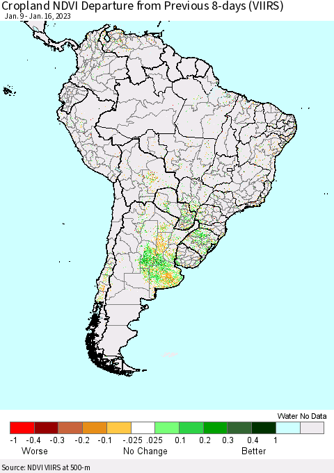 South America Cropland NDVI Departure from Previous 8-days (VIIRS) Thematic Map For 1/9/2023 - 1/16/2023