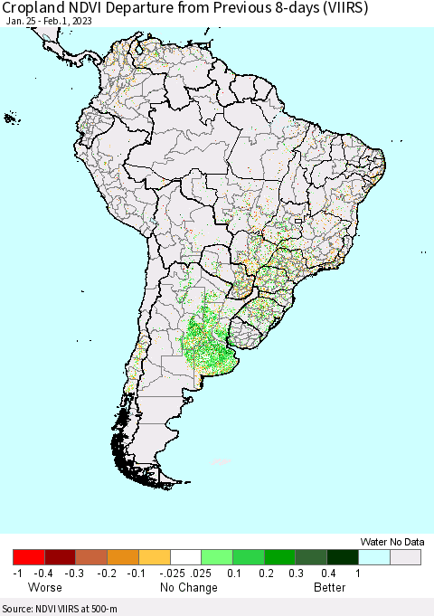 South America Cropland NDVI Departure from Previous 8-days (VIIRS) Thematic Map For 1/25/2023 - 2/1/2023