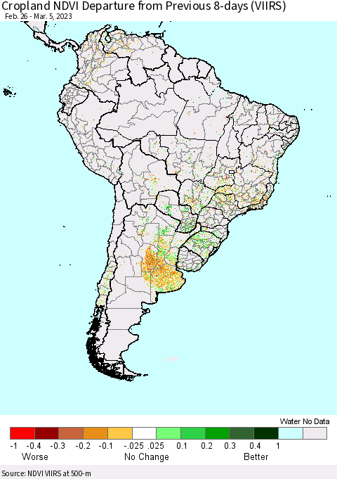 South America Cropland NDVI Departure from Previous 8-days (VIIRS) Thematic Map For 2/26/2023 - 3/5/2023