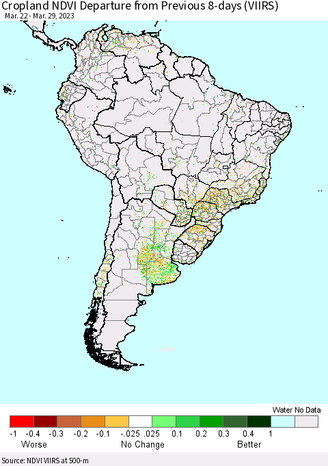 South America Cropland NDVI Departure from Previous 8-days (VIIRS) Thematic Map For 3/22/2023 - 3/29/2023