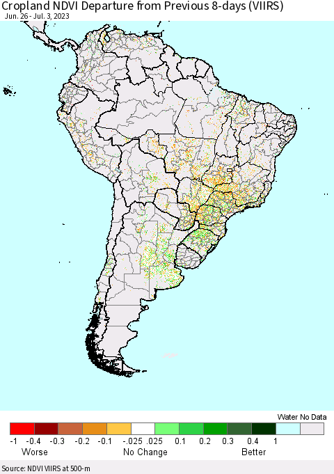South America Cropland NDVI Departure from Previous 8-days (VIIRS) Thematic Map For 6/26/2023 - 7/3/2023