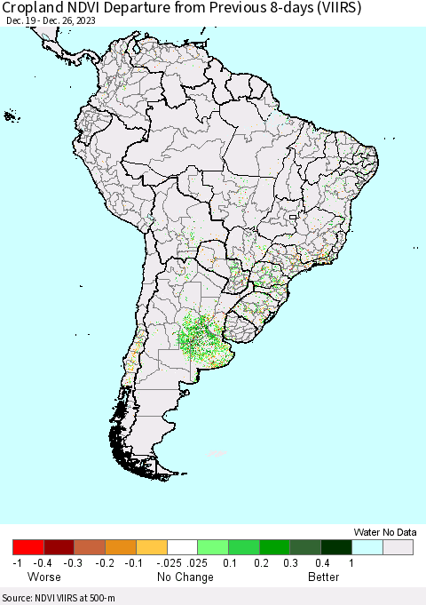 South America Cropland NDVI Departure from Previous 8-days (VIIRS) Thematic Map For 12/19/2023 - 12/26/2023