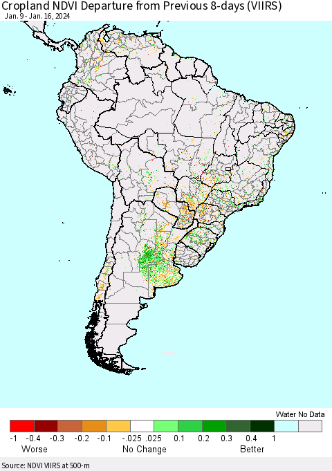 South America Cropland NDVI Departure from Previous 8-days (VIIRS) Thematic Map For 1/9/2024 - 1/16/2024