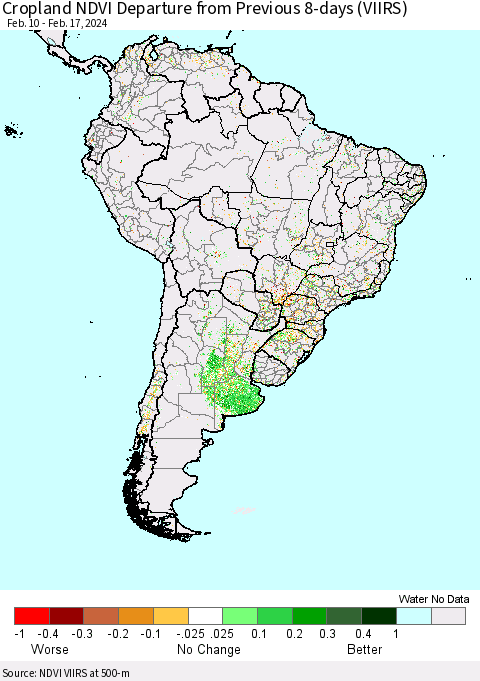 South America Cropland NDVI Departure from Previous 8-days (VIIRS) Thematic Map For 2/10/2024 - 2/17/2024
