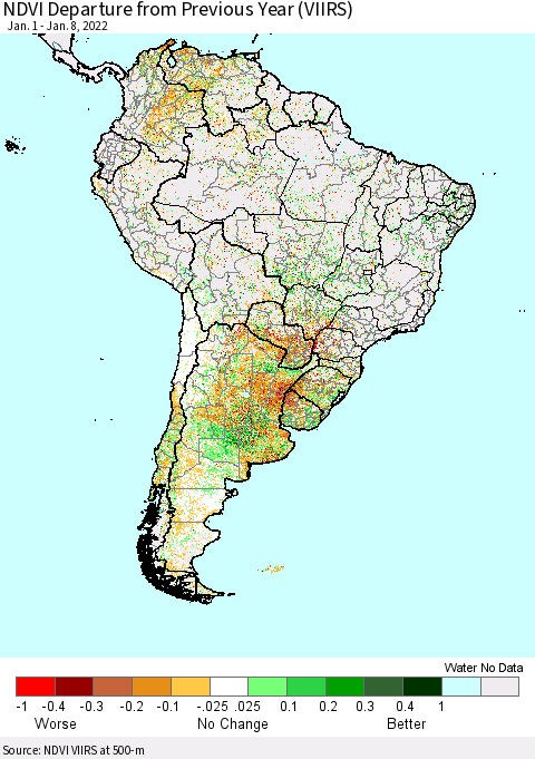 South America NDVI Departure from Previous Year (VIIRS) Thematic Map For 1/1/2022 - 1/8/2022