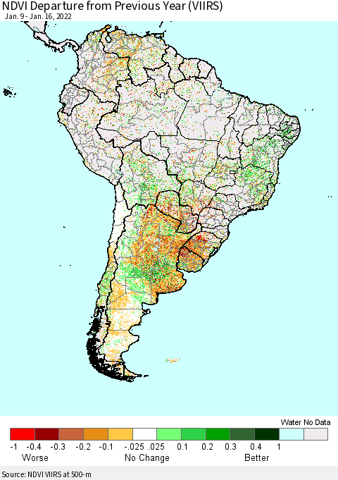 South America NDVI Departure from Previous Year (VIIRS) Thematic Map For 1/9/2022 - 1/16/2022