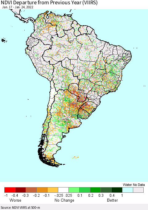 South America NDVI Departure from Previous Year (VIIRS) Thematic Map For 1/17/2022 - 1/24/2022