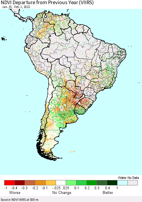 South America NDVI Departure from Previous Year (VIIRS) Thematic Map For 1/25/2022 - 2/1/2022