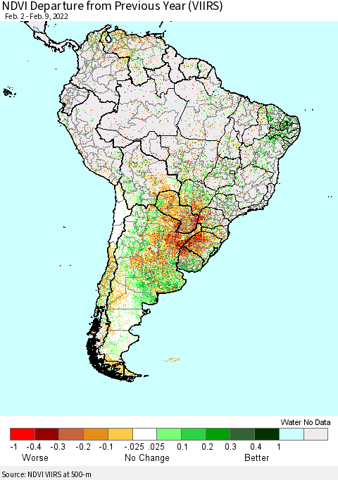 South America NDVI Departure from Previous Year (VIIRS) Thematic Map For 2/2/2022 - 2/9/2022