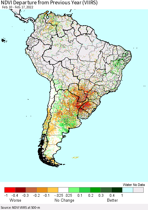 South America NDVI Departure from Previous Year (VIIRS) Thematic Map For 2/10/2022 - 2/17/2022