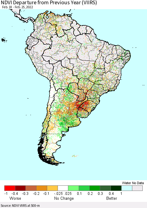 South America NDVI Departure from Previous Year (VIIRS) Thematic Map For 2/18/2022 - 2/25/2022