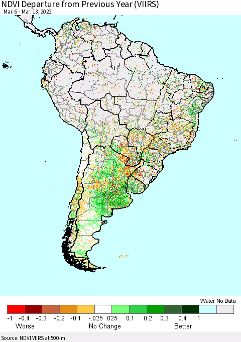 South America NDVI Departure from Previous Year (VIIRS) Thematic Map For 3/6/2022 - 3/13/2022