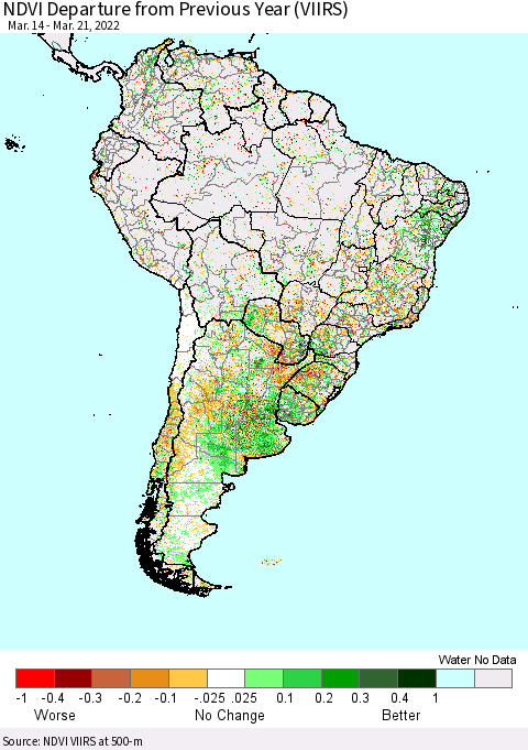 South America NDVI Departure from Previous Year (VIIRS) Thematic Map For 3/14/2022 - 3/21/2022