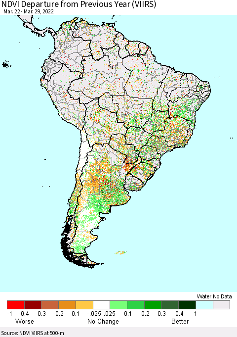 South America NDVI Departure from Previous Year (VIIRS) Thematic Map For 3/22/2022 - 3/29/2022
