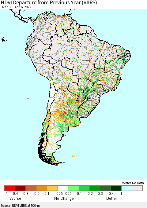 South America NDVI Departure from Previous Year (VIIRS) Thematic Map For 3/30/2022 - 4/6/2022